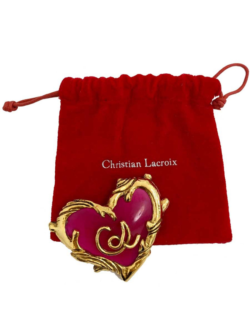 Broche CHRISTIAN LACROIX vintage coeur fuschia et doré