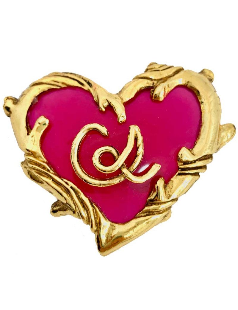  CHRISTIAN LACROIX Broche vintage coeur fuschia et doré