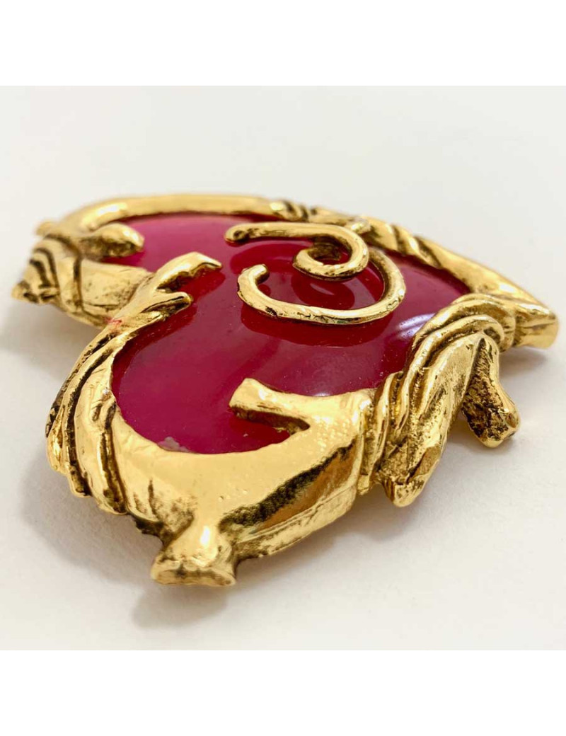 Broche CHRISTIAN LACROIX vintage coeur fuschia et doré