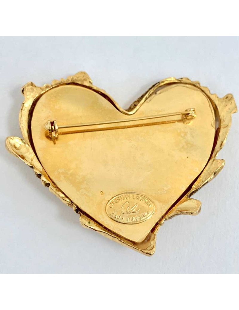 Broche CHRISTIAN LACROIX vintage coeur fuschia et doré