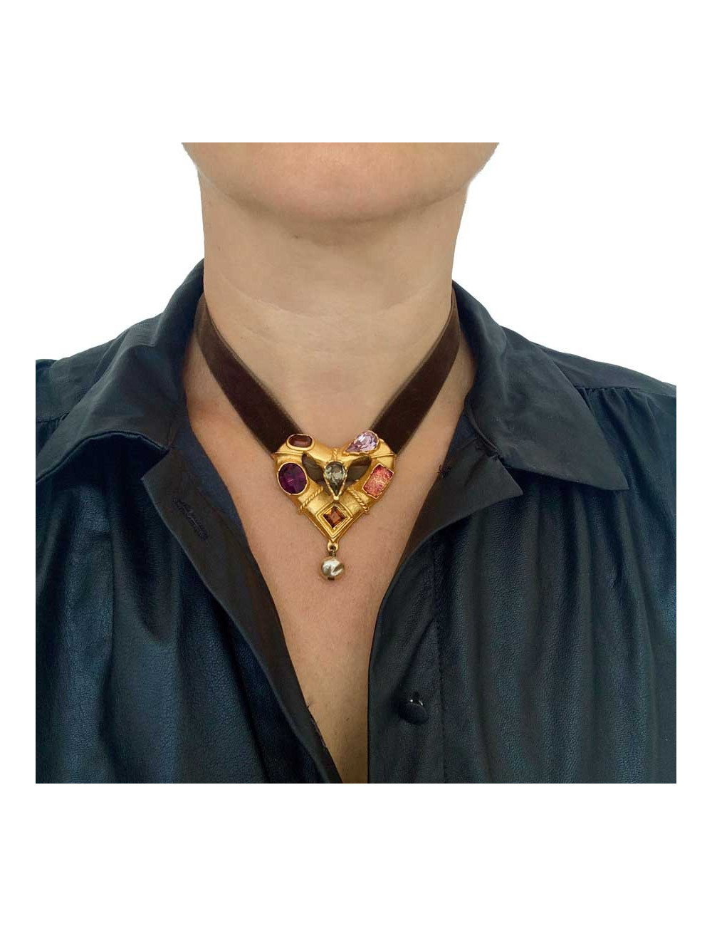 Collier Vintage CHRISTIAN LACROIX cordon velours marron