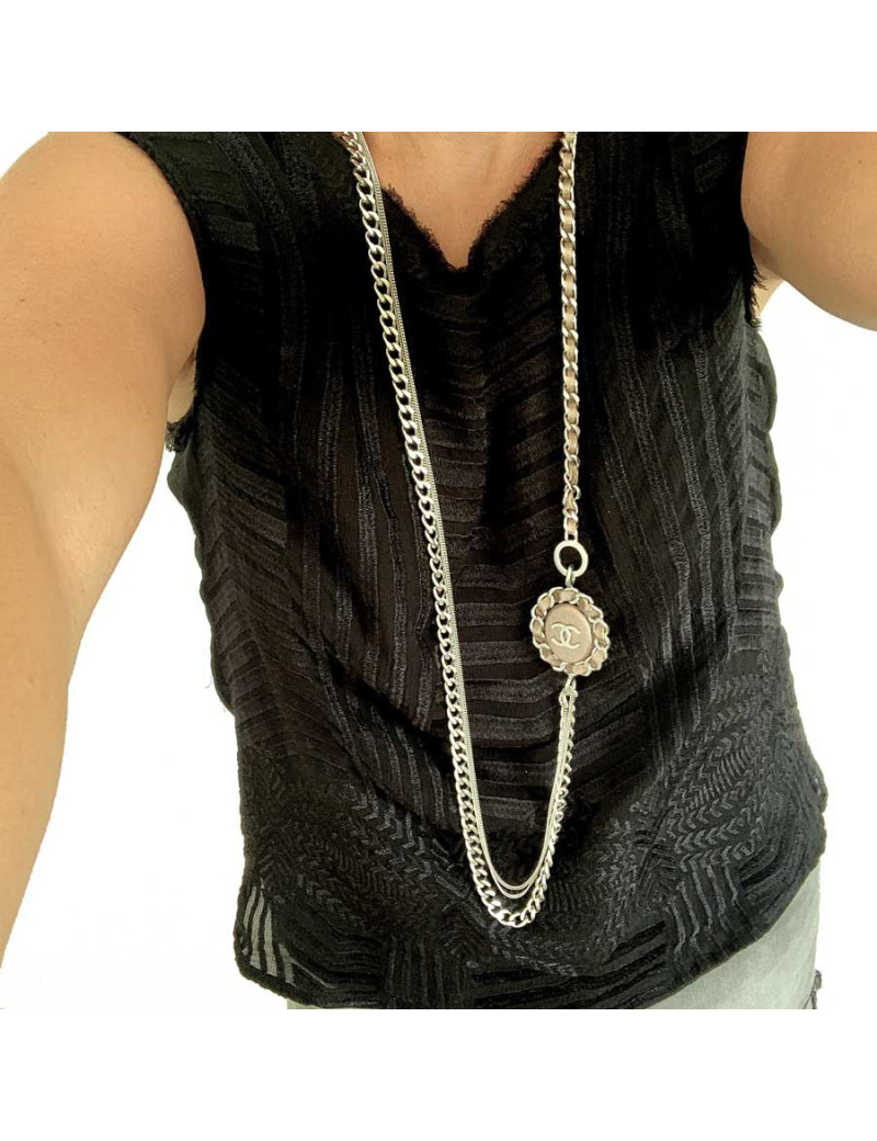 Sautoir CHANEL argent et cuir brun métallisé