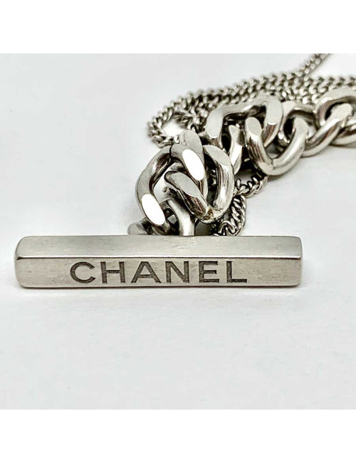 Sautoir CHANEL argent et cuir brun métallisé