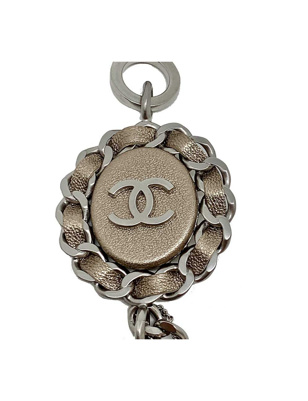 Sautoir CHANEL argent et cuir brun métallisé