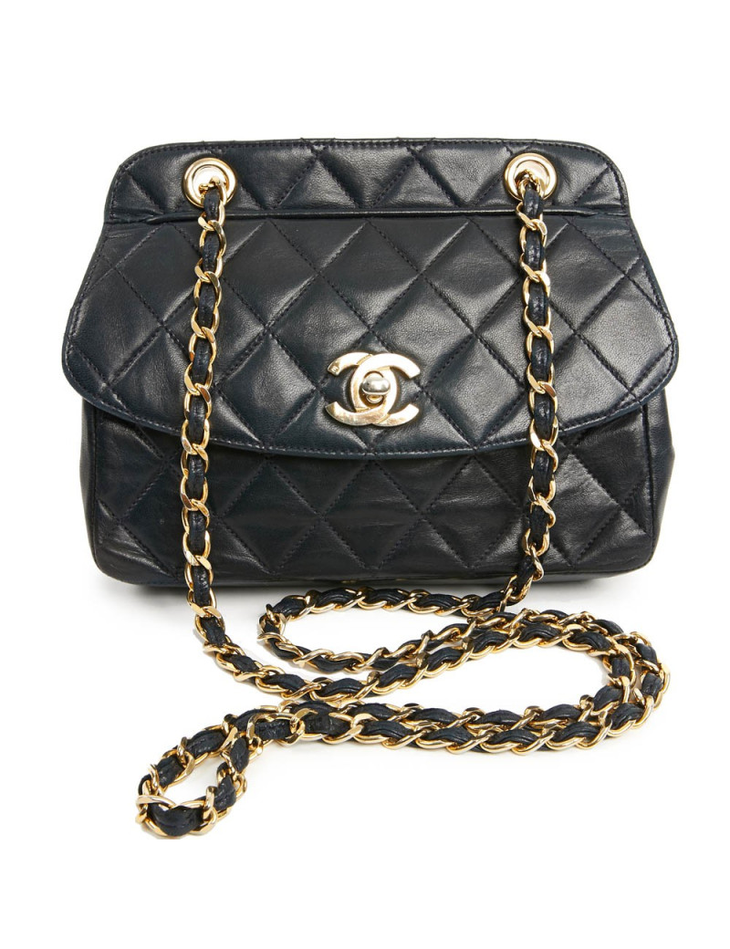 Petit sac vintage CHANEL cuir lisse bleu marine