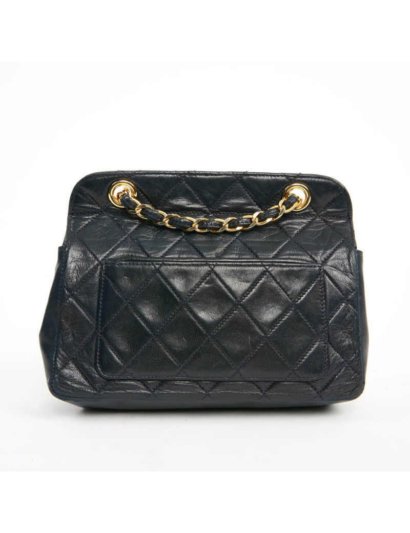 Petit sac vintage CHANEL cuir lisse bleu marine