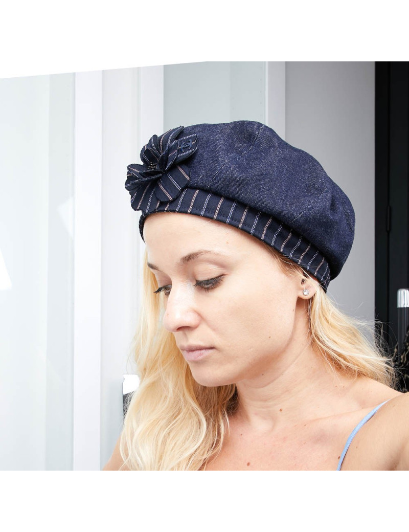 CHANEL Denim and Striped Camellia Beret - Occasion Certified Authentic