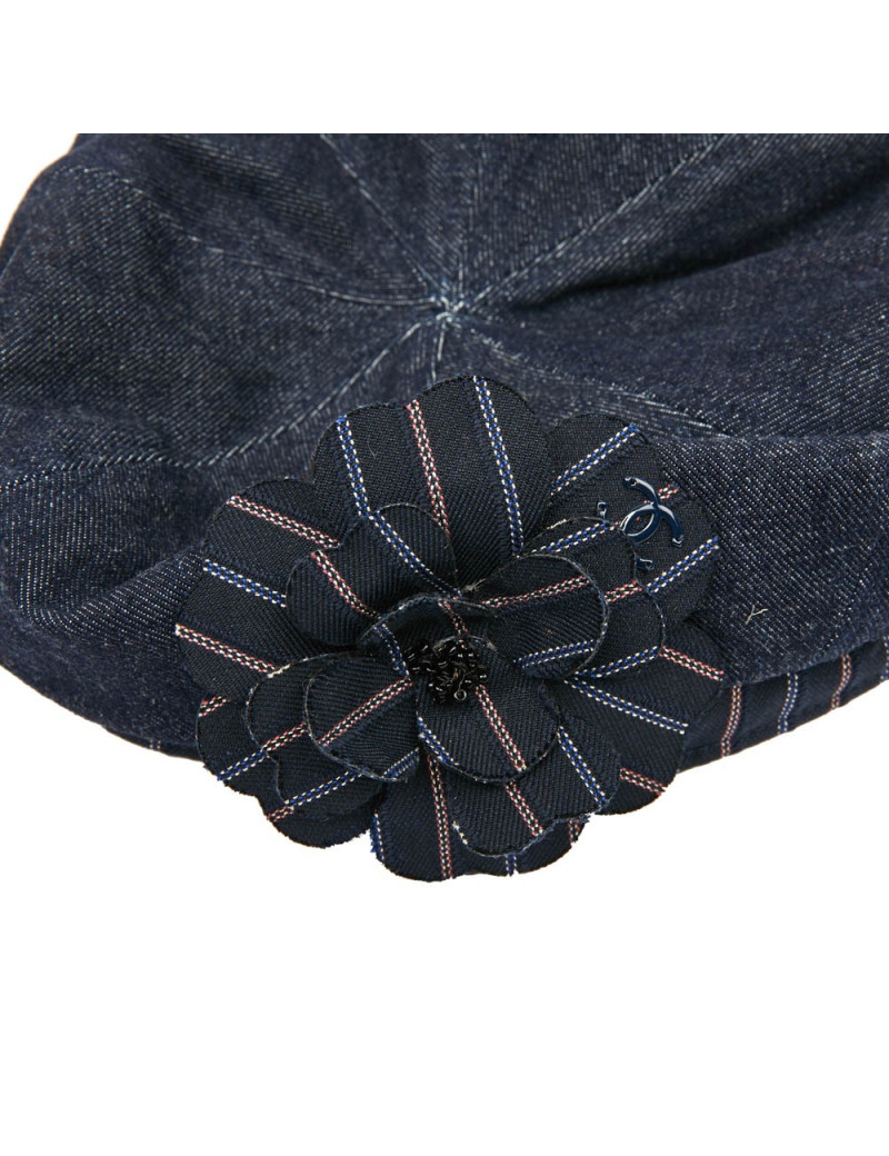 CHANEL Denim and Striped Camellia Beret - Occasion Certified Authentic