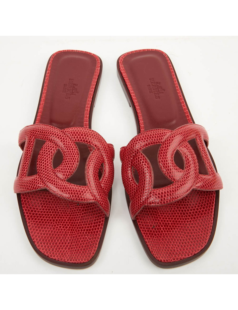 Sandales Omaha HERMES lézard brillant CARMIN