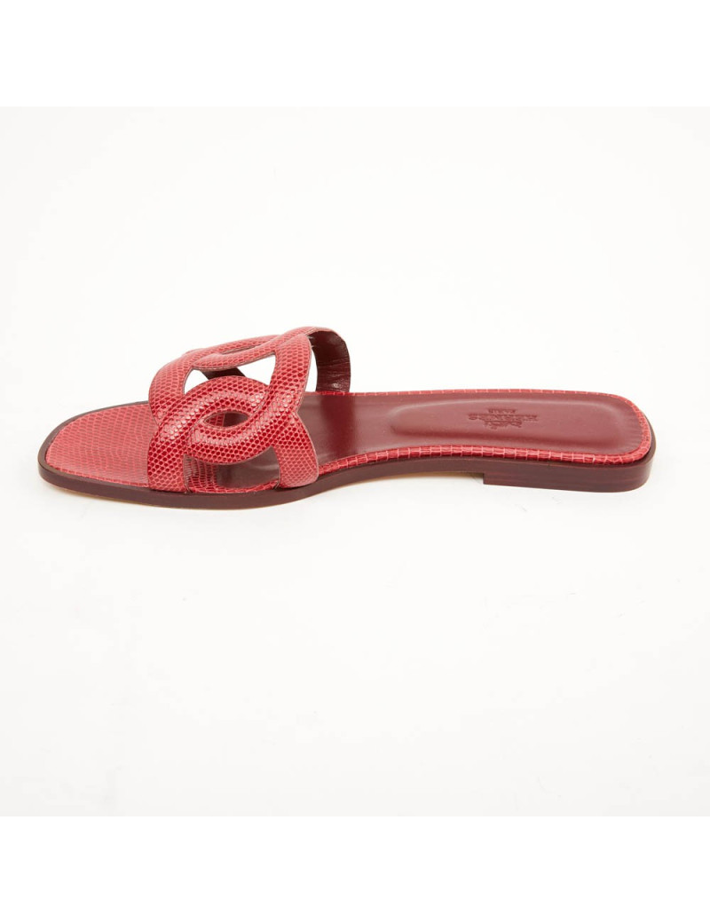 Sandales Omaha HERMES lézard brillant CARMIN