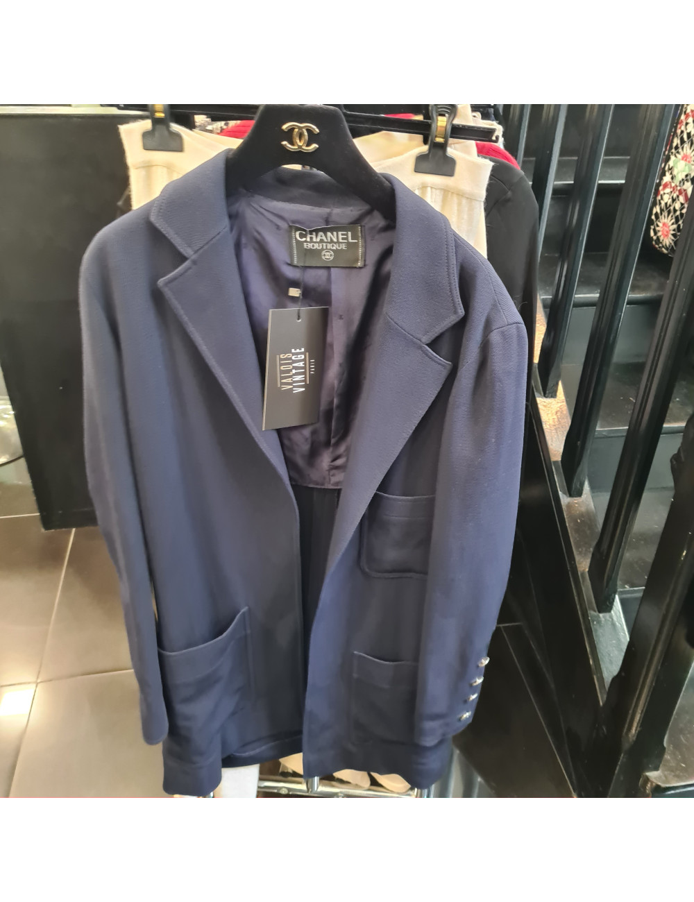 Veste longue T 34 CHANEL laine bleu nuit