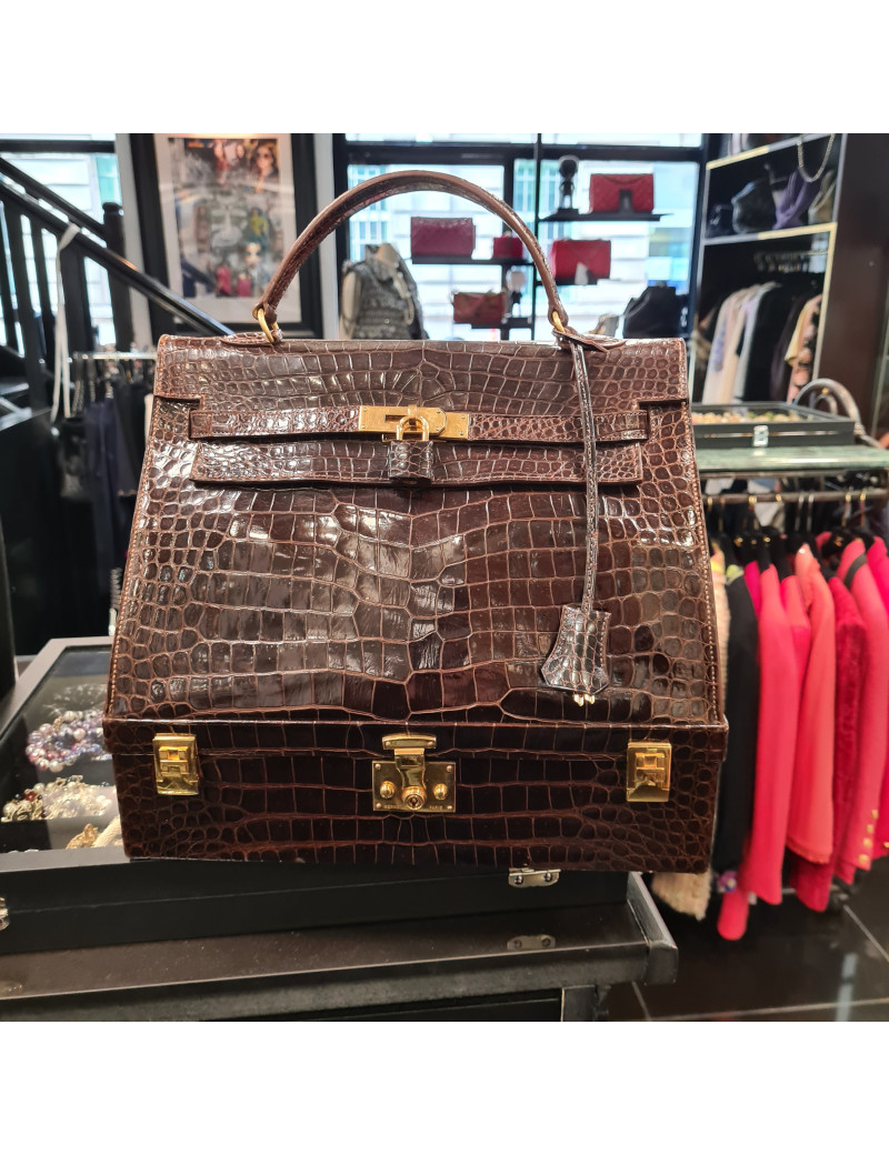 Sac à main Kelly HERMES boite à bijoux Porosus marron