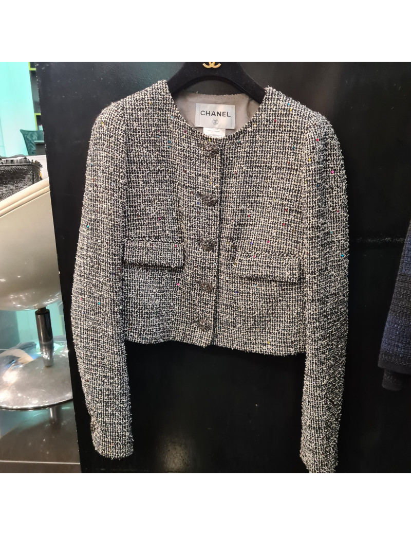 Veste T 44 CHANEL tweed blanc noir et sequins multicolores
