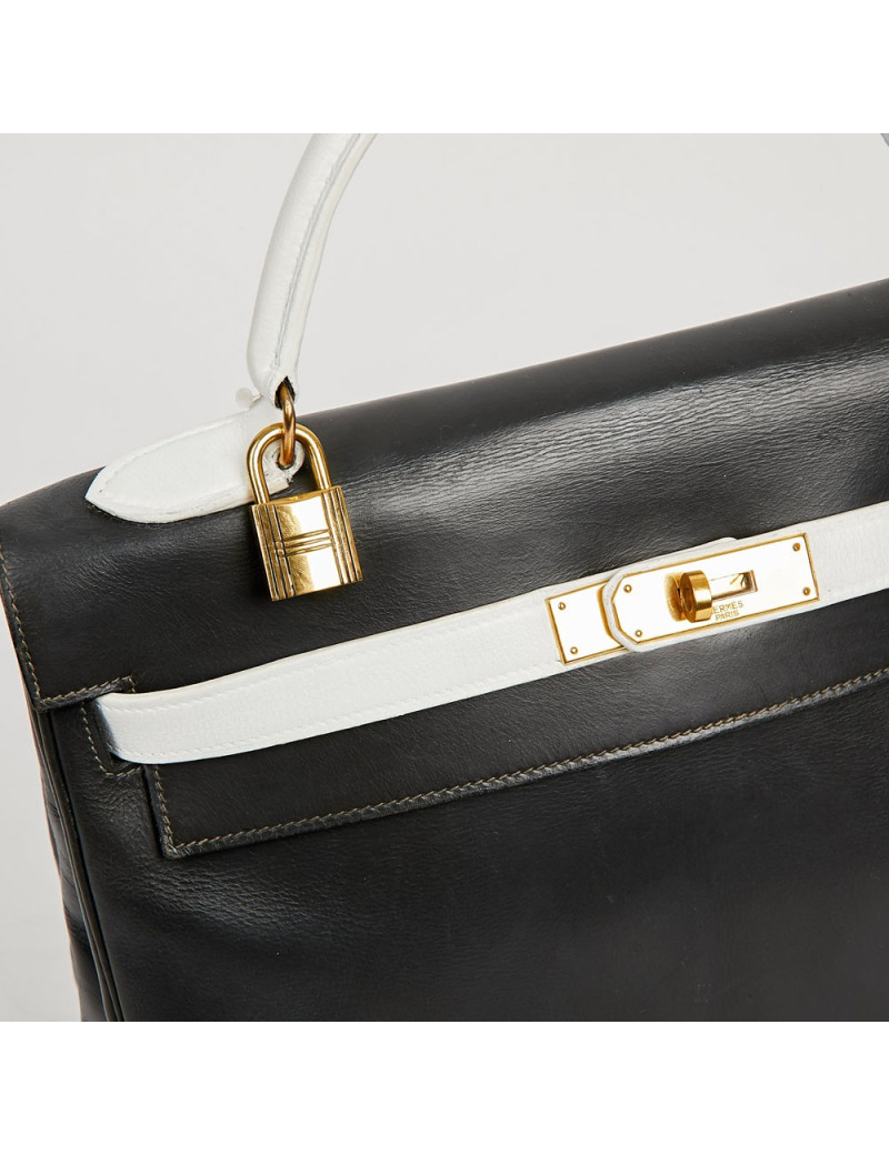 Kelly 32 HERMES cuir box gris et blanc