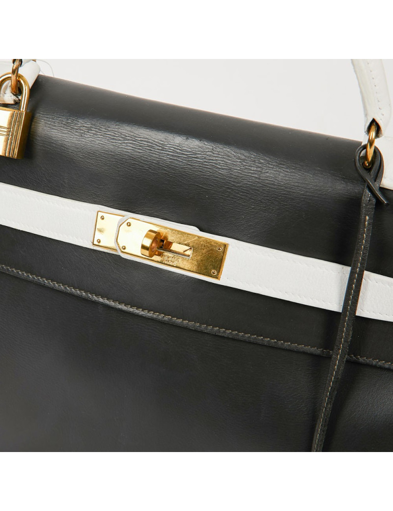Kelly 32 HERMES cuir box gris et blanc