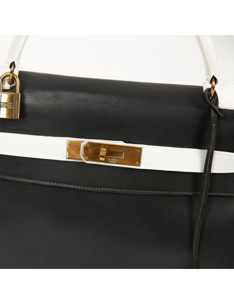 Kelly 32 HERMES cuir box gris et blanc