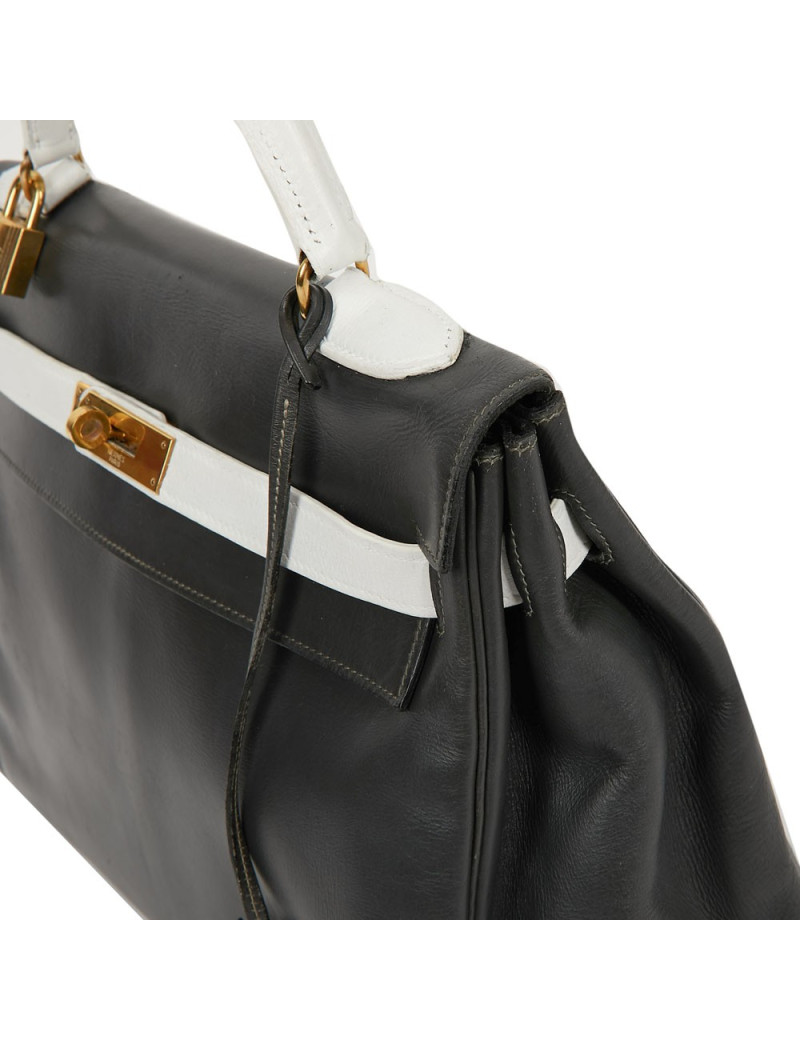 Kelly 32 HERMES cuir box gris et blanc