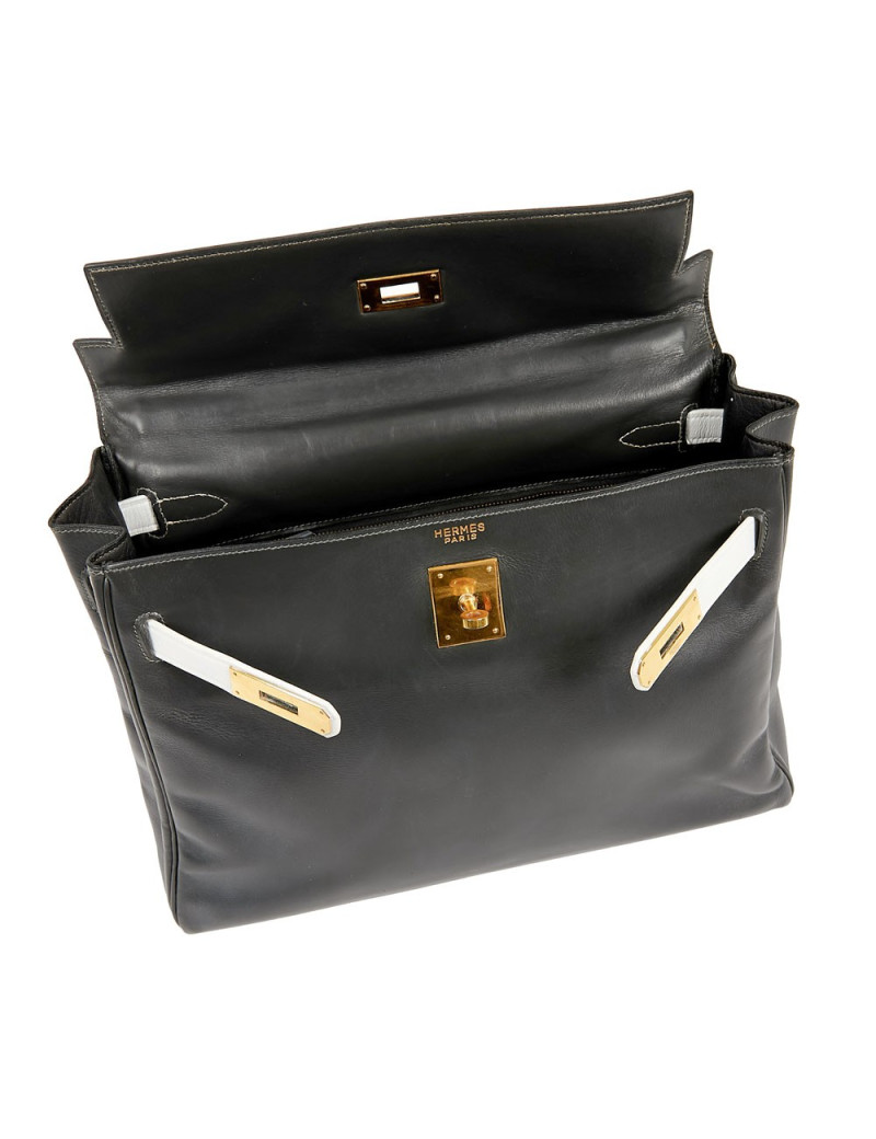Kelly 32 HERMES cuir box gris et blanc