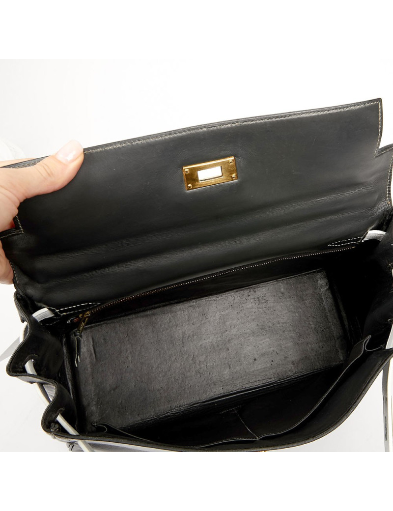 Kelly 32 HERMES cuir box gris et blanc