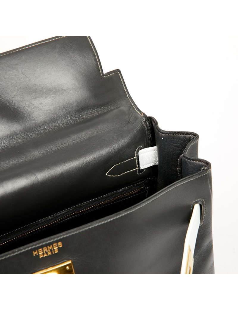 Kelly 32 HERMES cuir box gris et blanc
