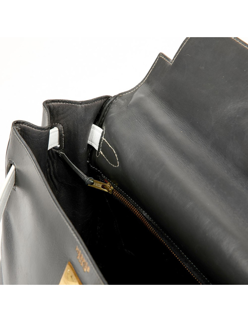 Kelly 32 HERMES cuir box gris et blanc