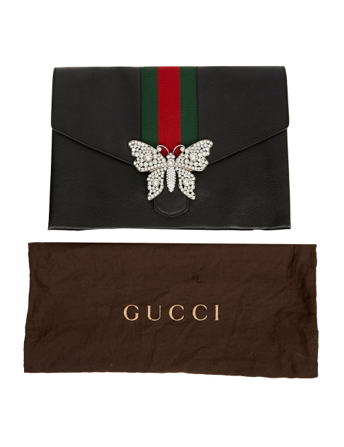Serviette GUCCI cuir grainé et broche papillon