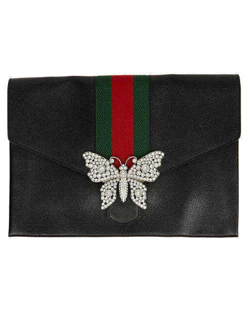 Serviette GUCCI cuir grainé et broche papillon