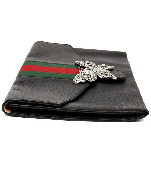 Serviette GUCCI cuir grainé et broche papillon