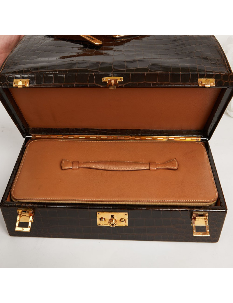 Hermes Kelly jewelry box in brown Porosus 