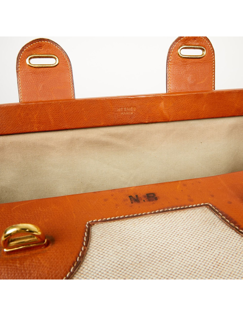 Valise de voyage HERMES toile et cuir Vintage