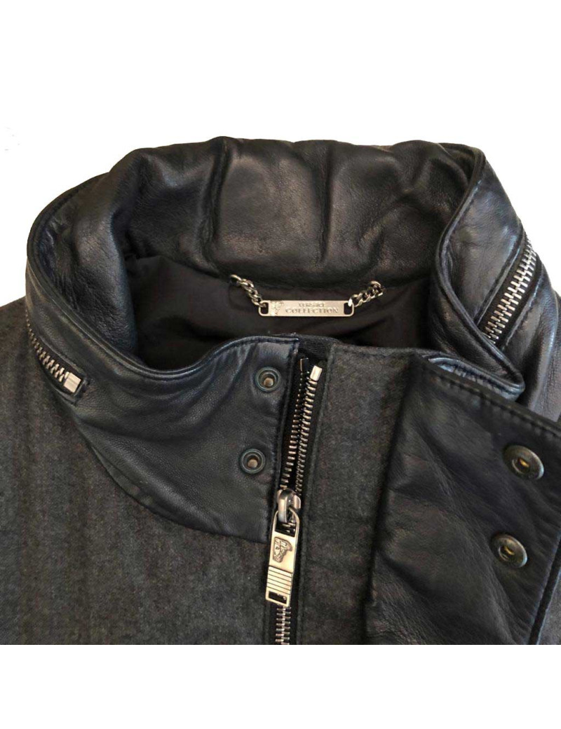 Blouson T48 VERSACE Collection Homme laine grise cuir noir et bordeaux