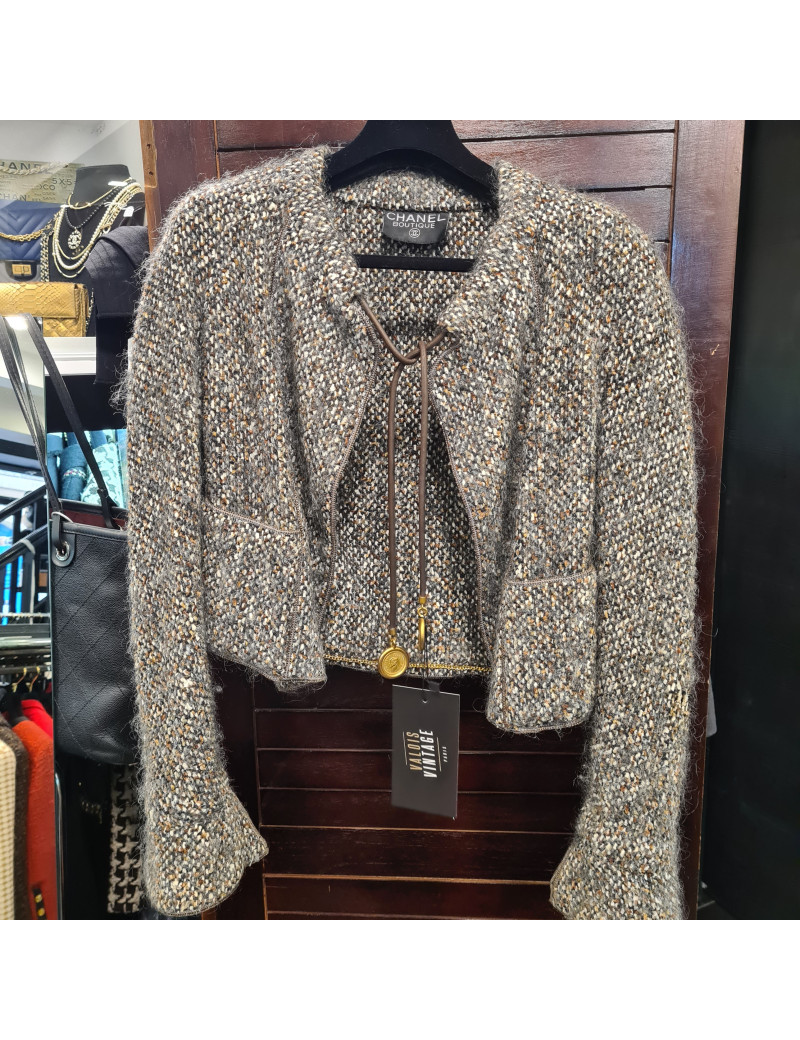 Veste T 36 CHANEL tweed en laine blanc, marron, gris et noir