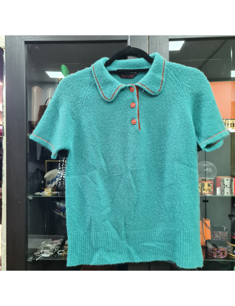 Top Rochas Bleu trois boutons orange