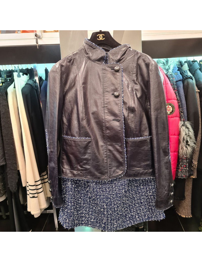 Ensemble CHANEL T 40 Veste cuir et jupe tweed