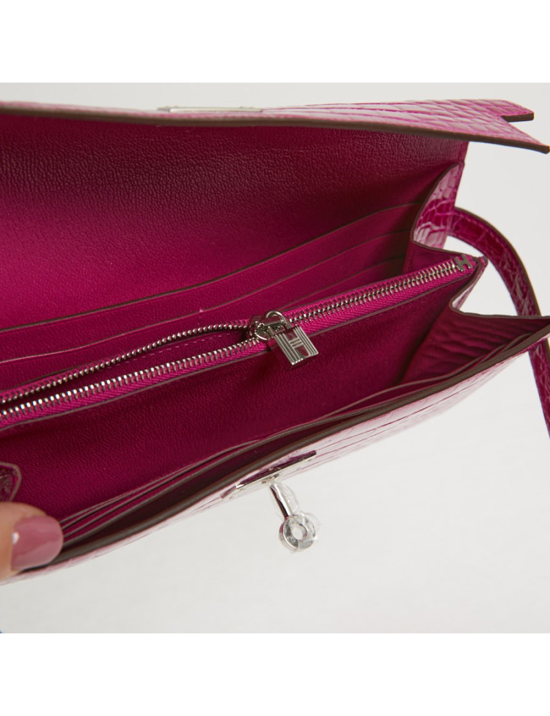 Portefeuille Kelly Alligator Rose Sherazade HERMES