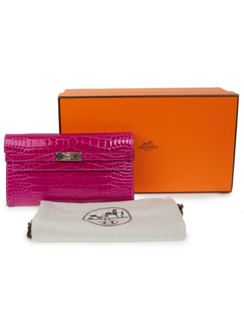 Portefeuille Kelly Alligator Rose Sherazade HERMES