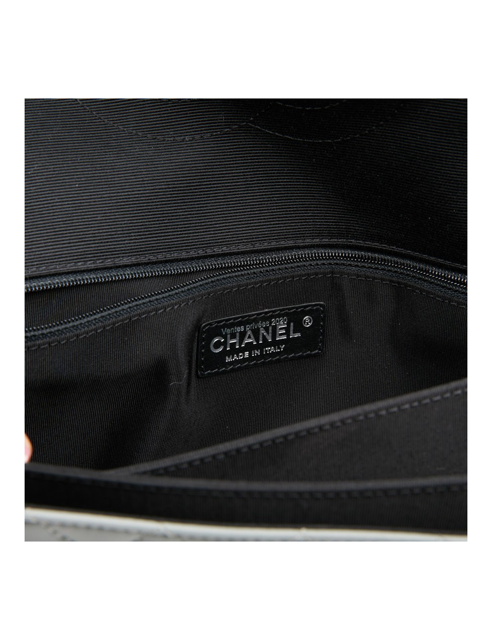 CHANEL gray leather bag trimmed in black