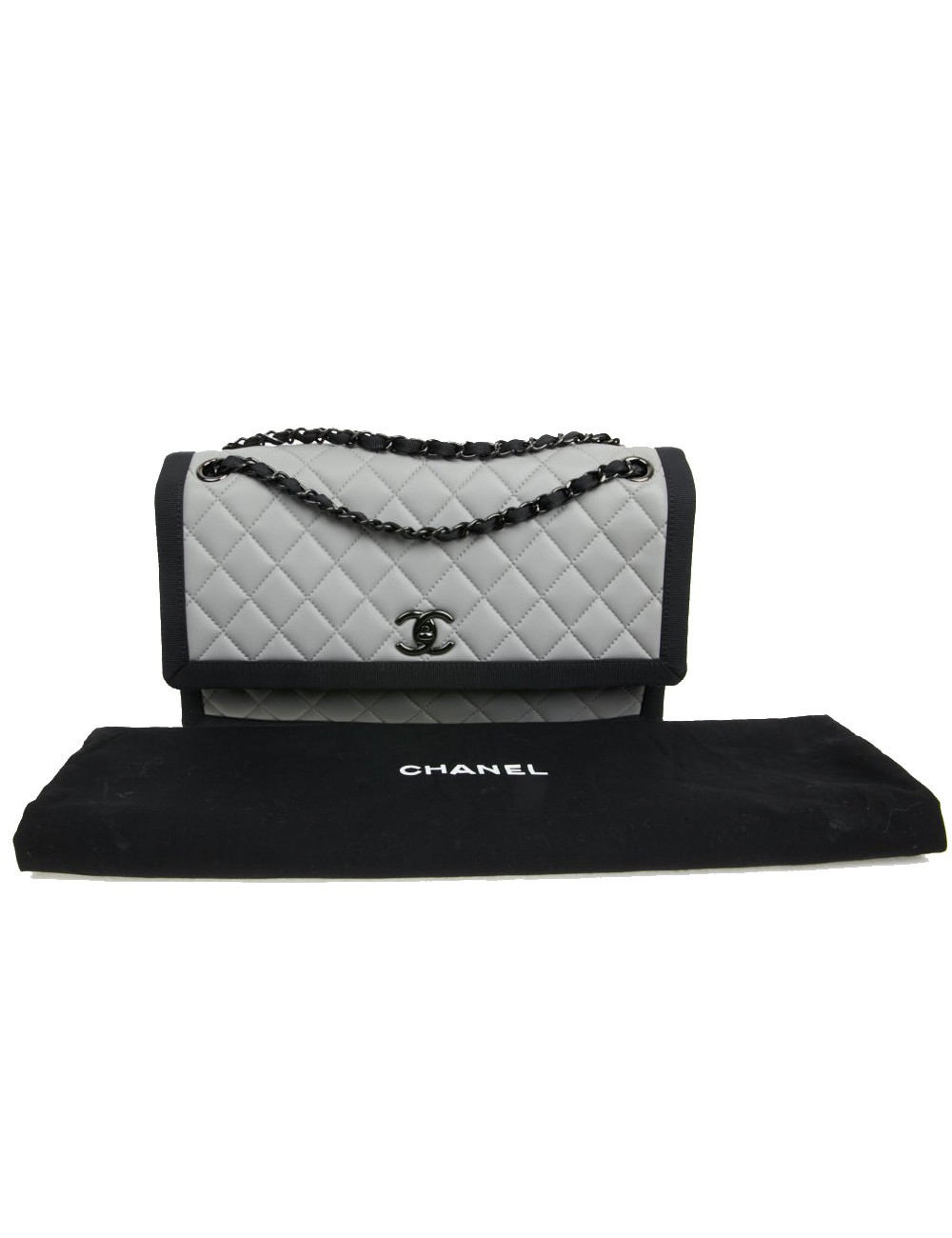 CHANEL gray leather bag trimmed in black