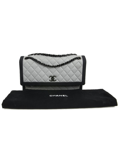 CHANEL gray leather bag trimmed in black