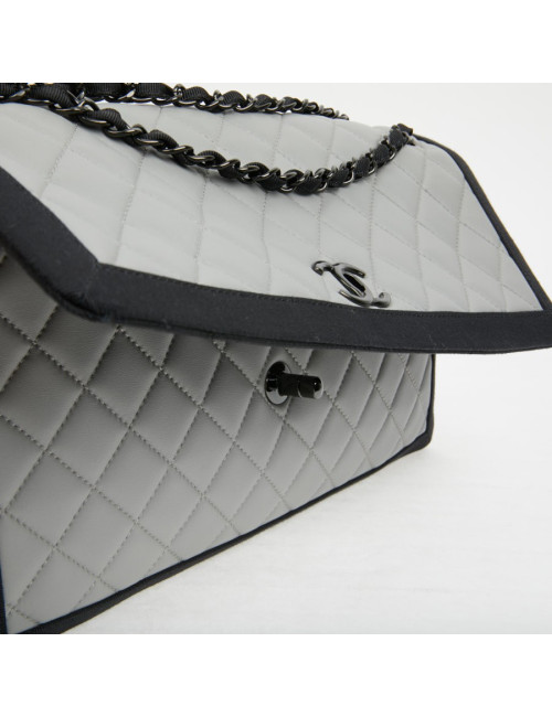 CHANEL gray leather bag trimmed in black