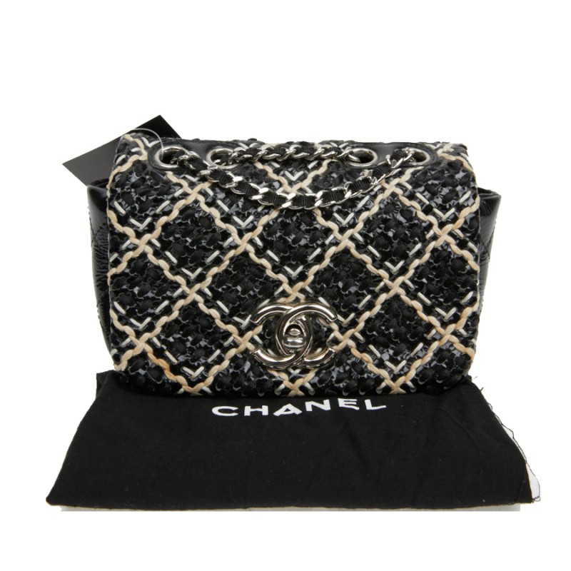 Authentic Chanel Square Mini Flap Bag Black Grained Calfskin
