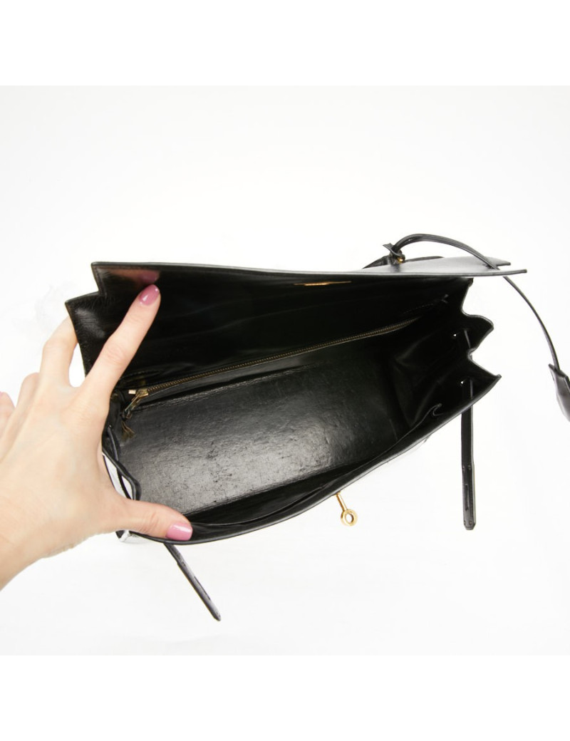 Sac cuir box noir HERMES Kelly 32