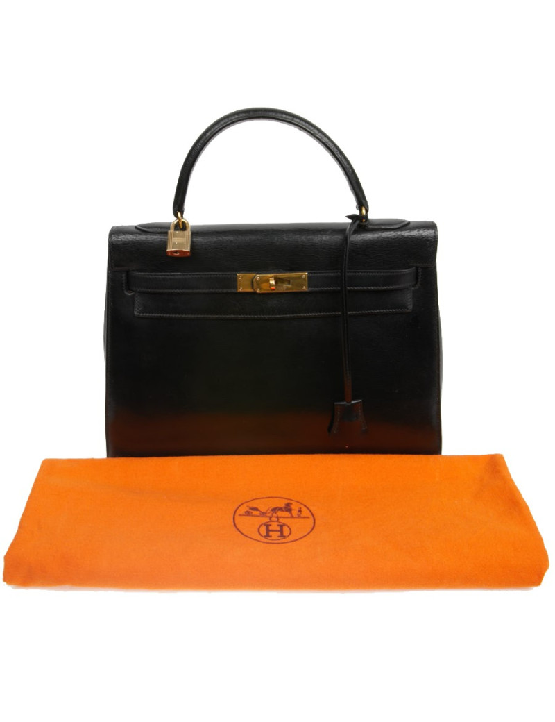Sac cuir box noir HERMES Kelly 32