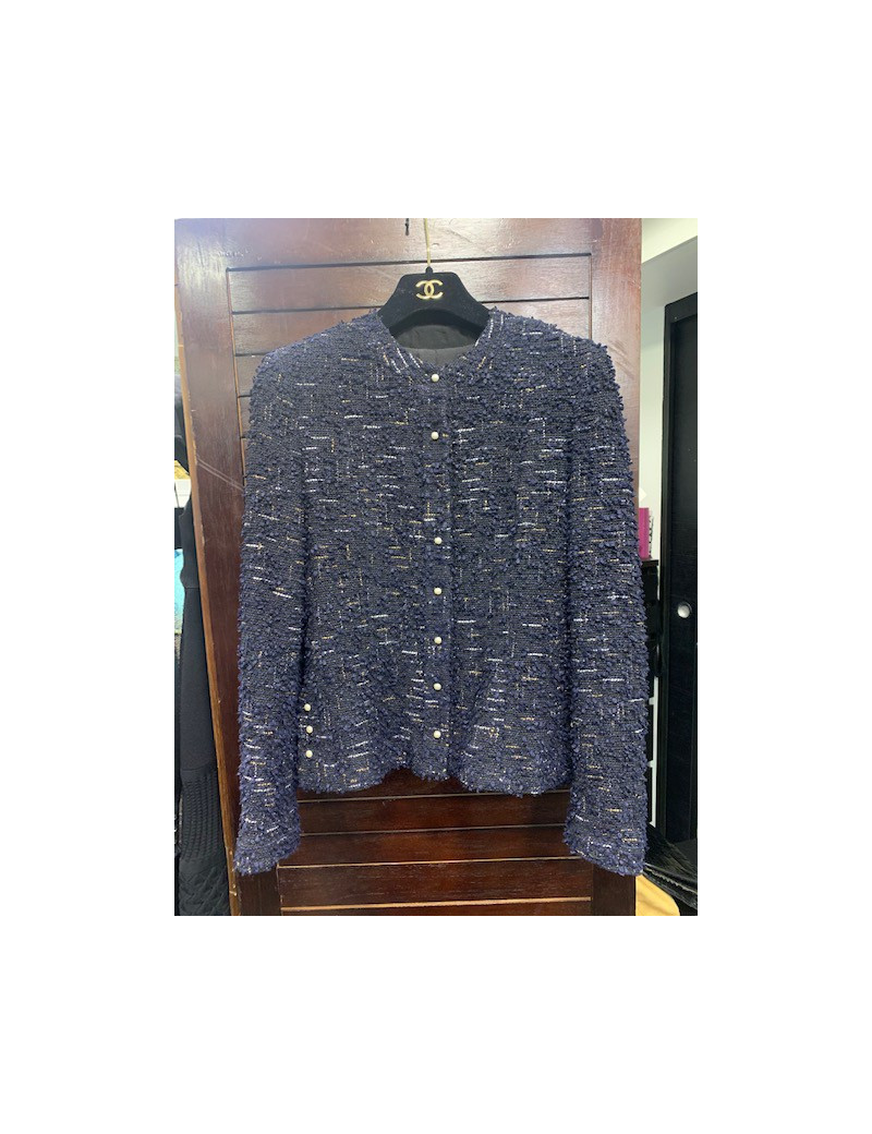 Veste T34  CHANEL en tweed bleu et noir avec fils argenté et doré