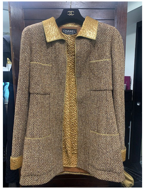  Veste CHANEL T 36  laine marron et beige avec haut en soie lamé or 