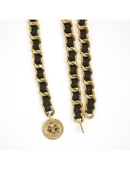 Ceinture CHANEL métal entrelacé de cuir noir