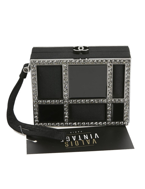 CHANEL Minaudière in Plexi, Black cotton Piqué and Rhinestones