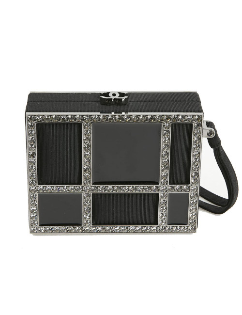 CHANEL Minaudière in Plexi, Black cotton Piqué and Rhinestones
