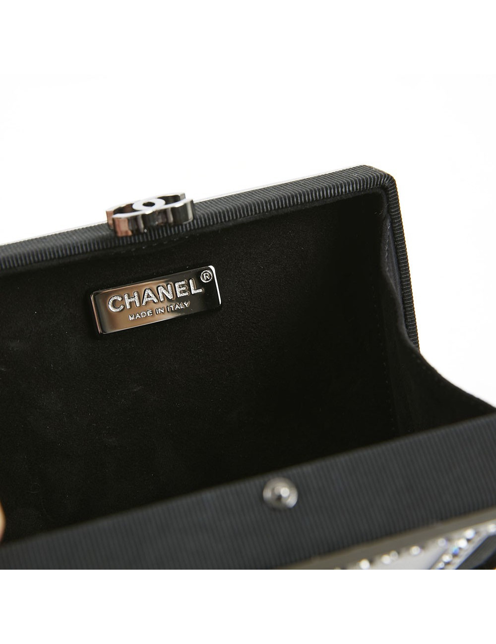 CHANEL Minaudière in Plexi, Black cotton Piqué and Rhinestones