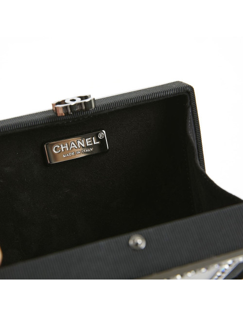 CHANEL Minaudière in Plexi, Black cotton Piqué and Rhinestones